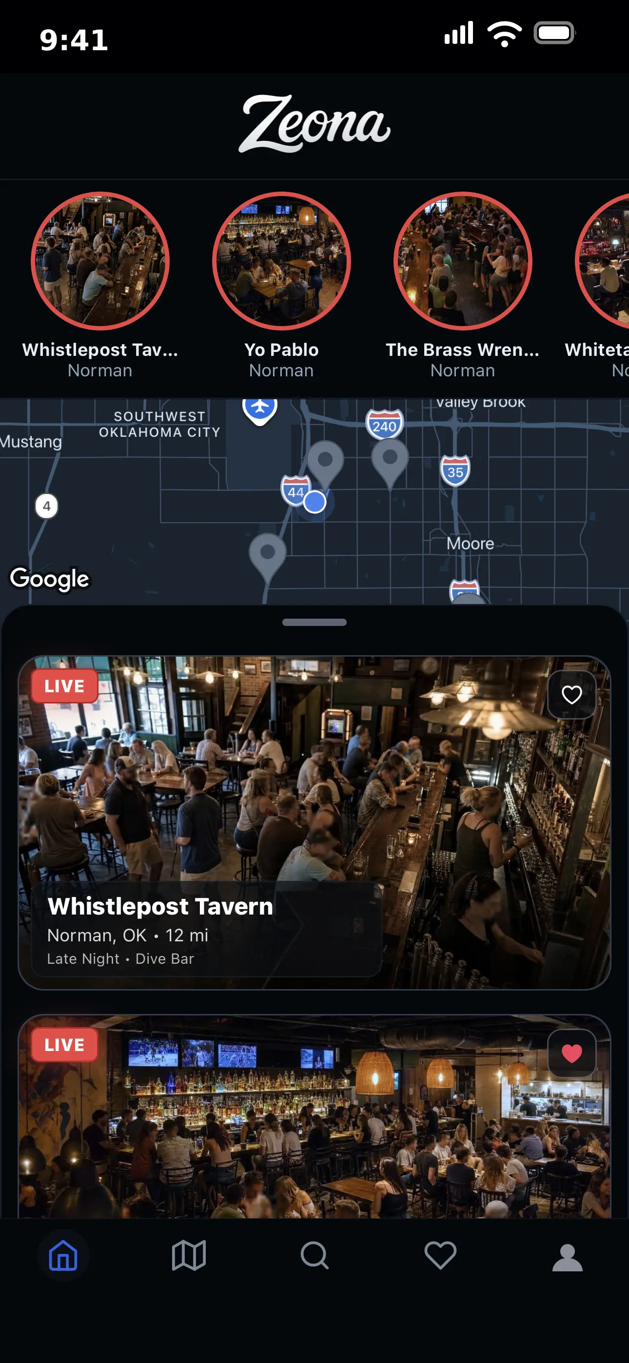 Zeona app Home screen in dark mode, showing live venues in Norman