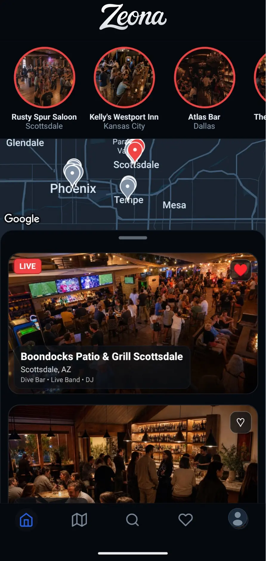 Zeona Home screen: live venue stories, a map of the Phoenix–Scottsdale area, and a LIVE venue card showing a busy patio