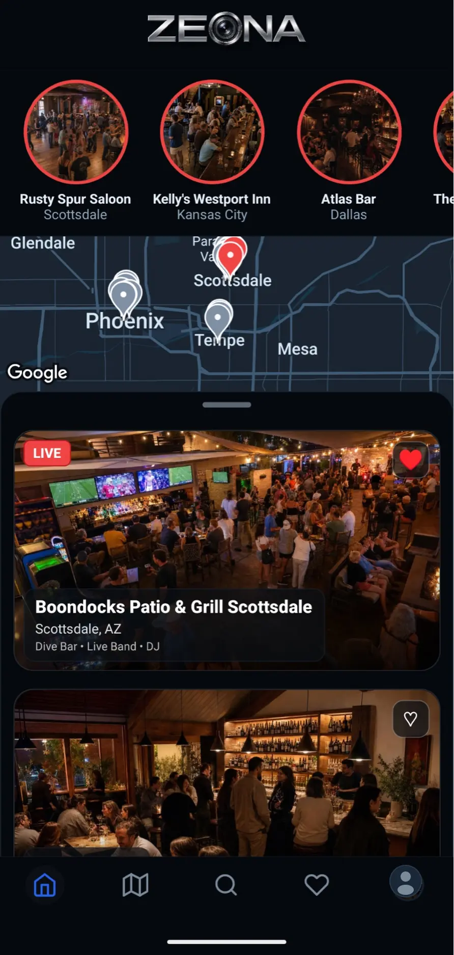 Zeona Home screen: live venue stories, a map of the Phoenix–Scottsdale area, and a LIVE venue card showing a busy patio